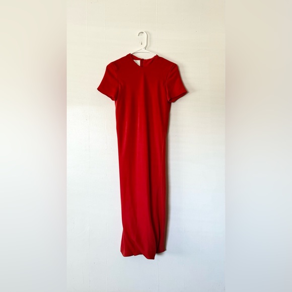 Cedric Charlier Orange Short Sleeve Midi Form Fitting Inverted Hem Dress - Picture 7 of 12